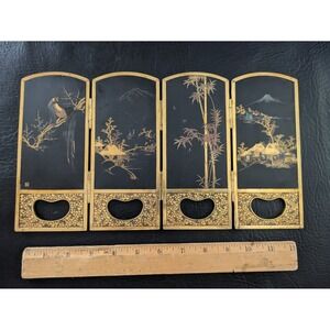 Japanese Komai Bronze Miniature Table Paravet Folding Screen Black Gold Signed
